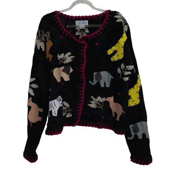 Jodi Blake Zoo Cardigan Womens Size Medium Black Animal Knit Long Sleeve Sweater - Picture 1 of 14